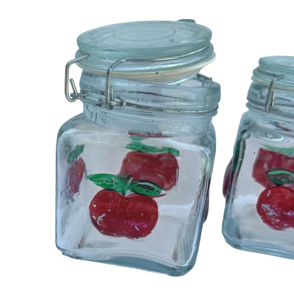 Red Apple Glass Canister Set of 3 Square Jars Vintage Locking Lids Farmhouse